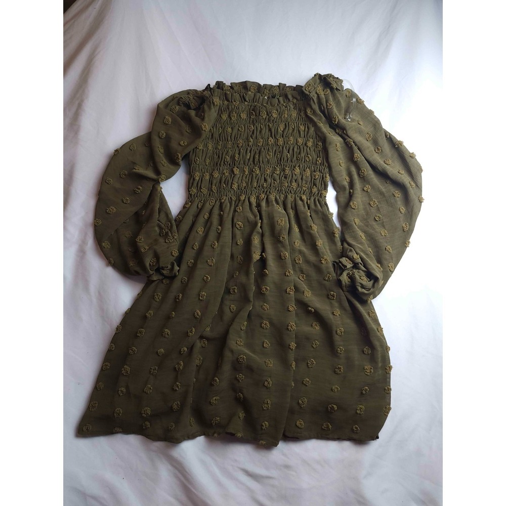 JODIFL Dress Womens Small Olive Green Swiss Dot Smocked Long Sleeve Chiffon Boho